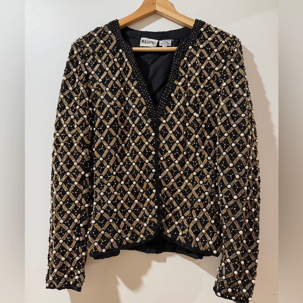 80s VINTAGE NAGPAL 100% pure silk beaded jacket Sz Small